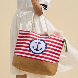 Anchor Printed Striped Rope Handle Beach Tote Bag